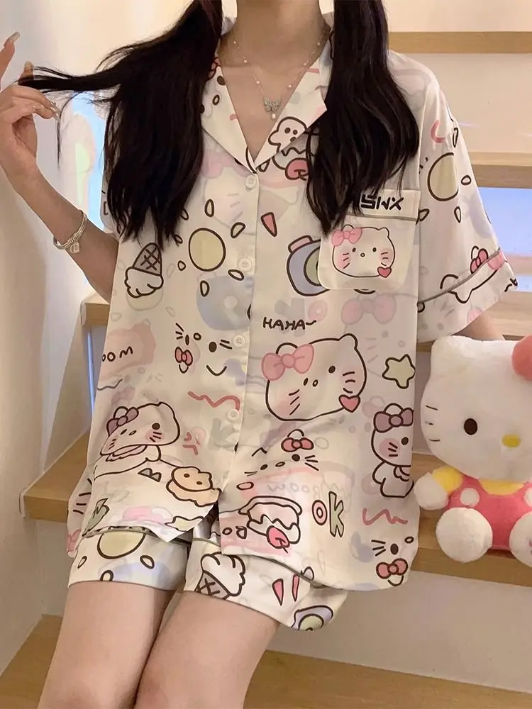 Kawaii Sanrios Pijama Conjunto De Dibujos Animados De Pijama De Mujer De Verano Cute Hello Kitty Casa De Verano Juego De Ropa De . ' - ' . 2