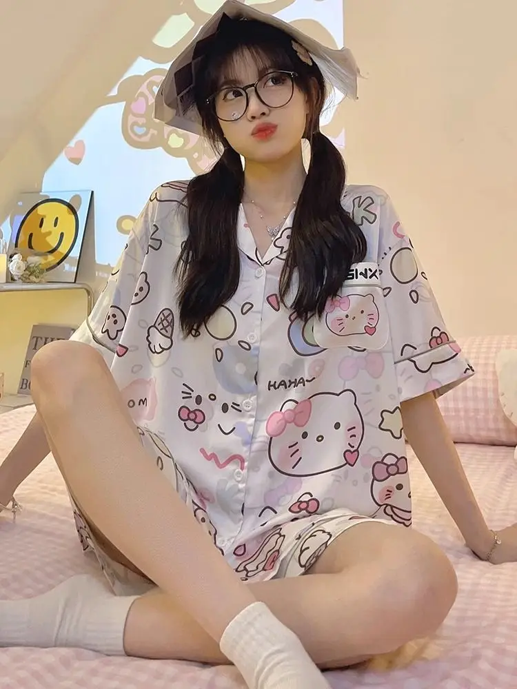 Kawaii Sanrios Pijama Conjunto De Dibujos Animados De Pijama De Mujer De Verano Cute Hello Kitty Casa De Verano Juego De Ropa De . ' - ' . 3