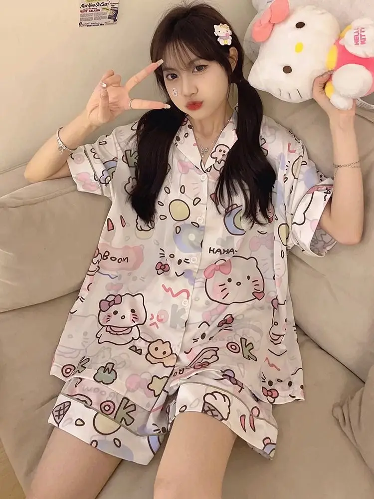 Kawaii Sanrios Pijama Conjunto De Dibujos Animados De Pijama De Mujer De Verano Cute Hello Kitty Casa De Verano Juego De Ropa De . ' - ' . 5