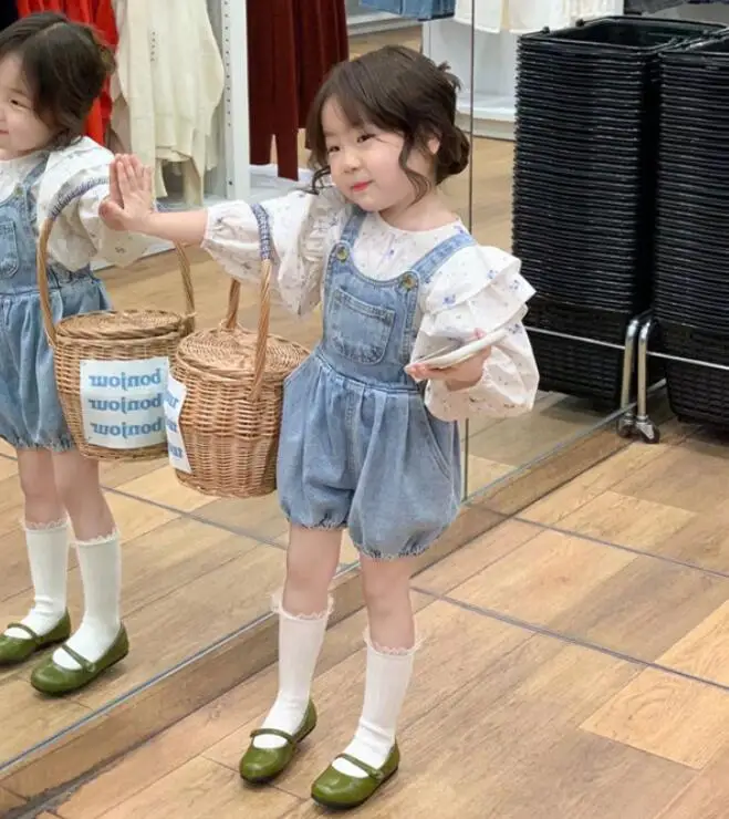 2023 Corea del Bebé de las Niñas juego de ropa de Primavera Boutique Impreso Bouse+Jean General Cortos de 2pcs de la Moda de los trajes de los niños de la Muchacha 2-8T traje . ' - ' . 0