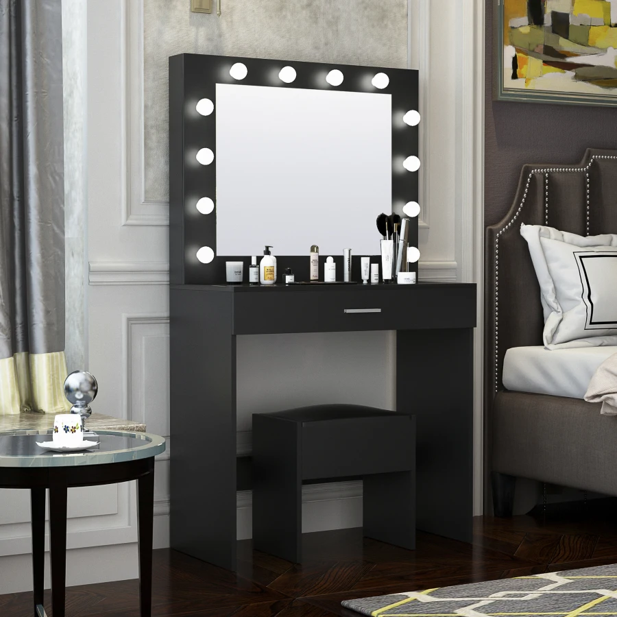 Diseño moderno Dormitorio de Maquillaje tocador con 12 LED Bombilla de Luz de los Espejos y de las Heces,Duraderos Y Fáciles De Limpiar,Negro . ' - ' . 1