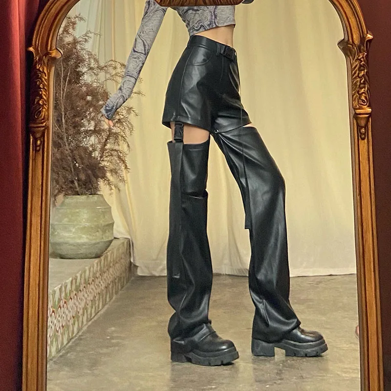 Harajuku Vintage Pantalones Negros de Cintura Alta Desmontable Hueco Pantalones de Cuero de PU Ropa de Diseño Y2k de la década de 2000 Ropa de Mujer . ' - ' . 3