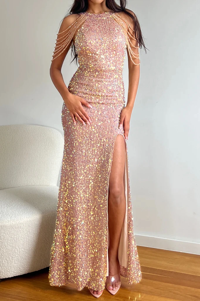 YIDINGZS Fuera del Hombro Rebordear Lentejuelas de Oro Vestido de Fiesta Vestido de Mujer Sexy Vestido de Noche . ' - ' . 1