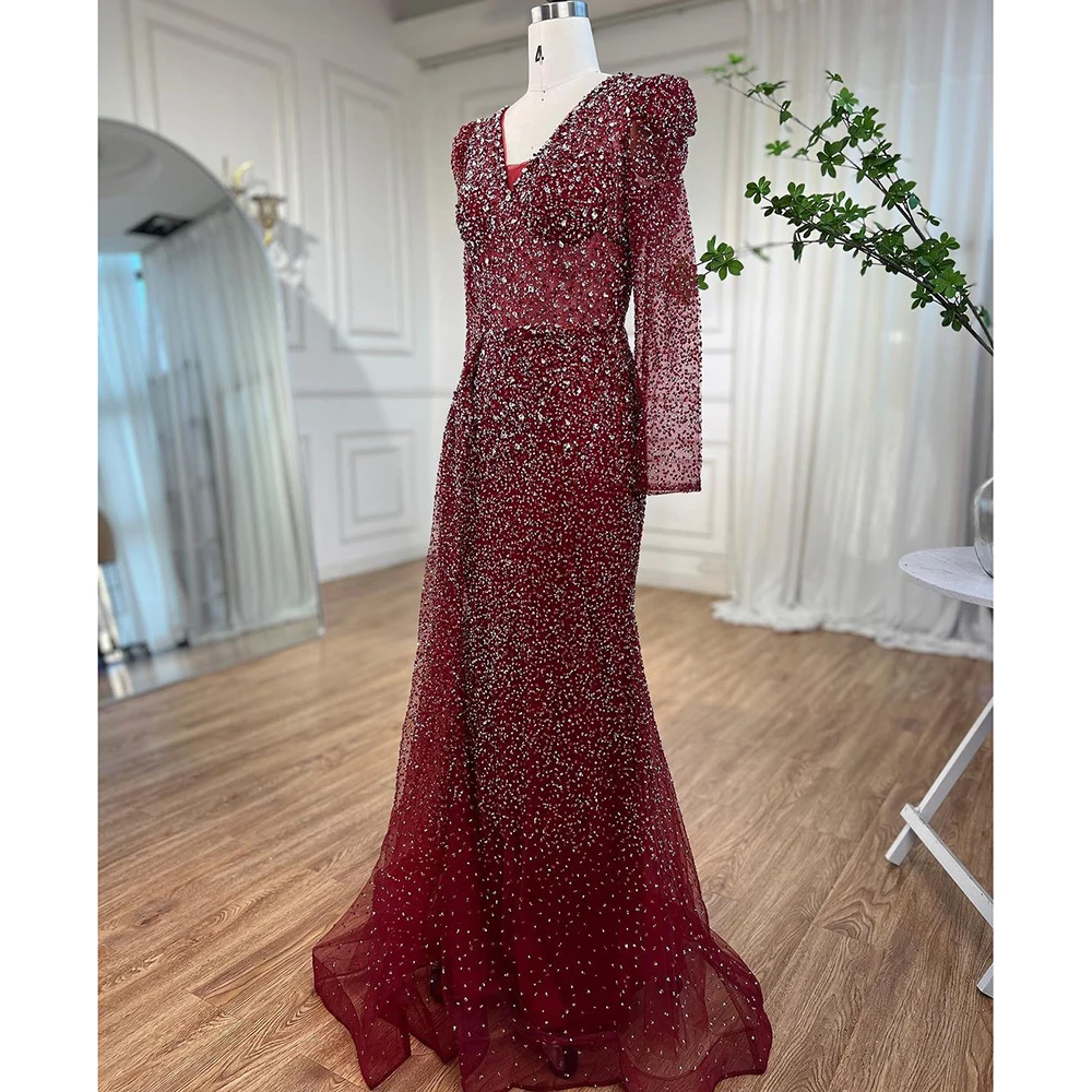 Serena Hill Musulmán de diseño de Lujo de Vino Rojo de la Sirena Cuello en V con Cuentas Vestidos de Noche Vestidos Para las Mujeres de la Boda del Partido de 2023 LA72148 . ' - ' . 1