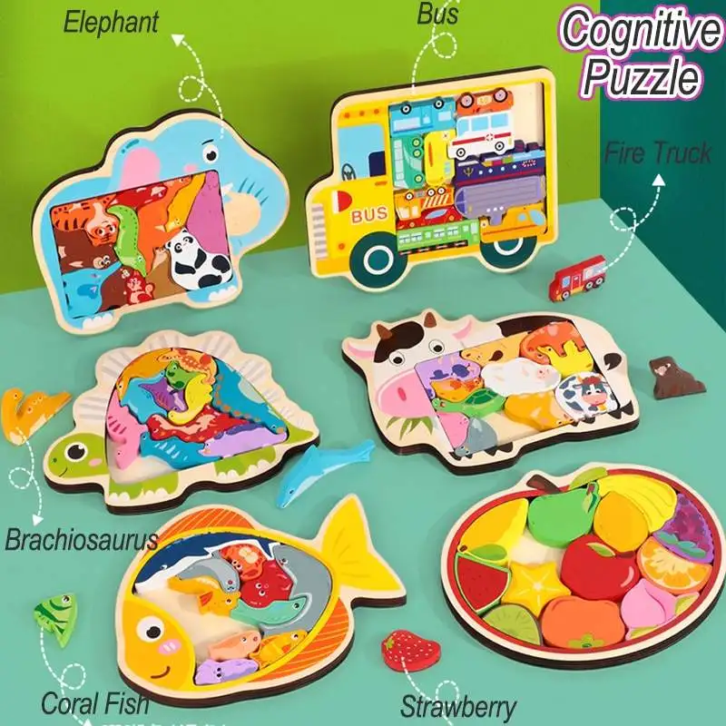 Rompecabezas de Madera de Montessori, Juguetes de Aprendizaje Preescolar 3D Multi-Tema Animales, Frutas Alimentos Rompecabezas para los pequeños Niños Niñas . ' - ' . 5