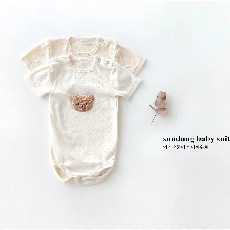 De verano de manga corta bebé bolsa de pedos ropa fina mono bebé lindo bordado de oso en la cabeza de ropa de niña bebé mameluco de niño ropa . ' - ' . 0