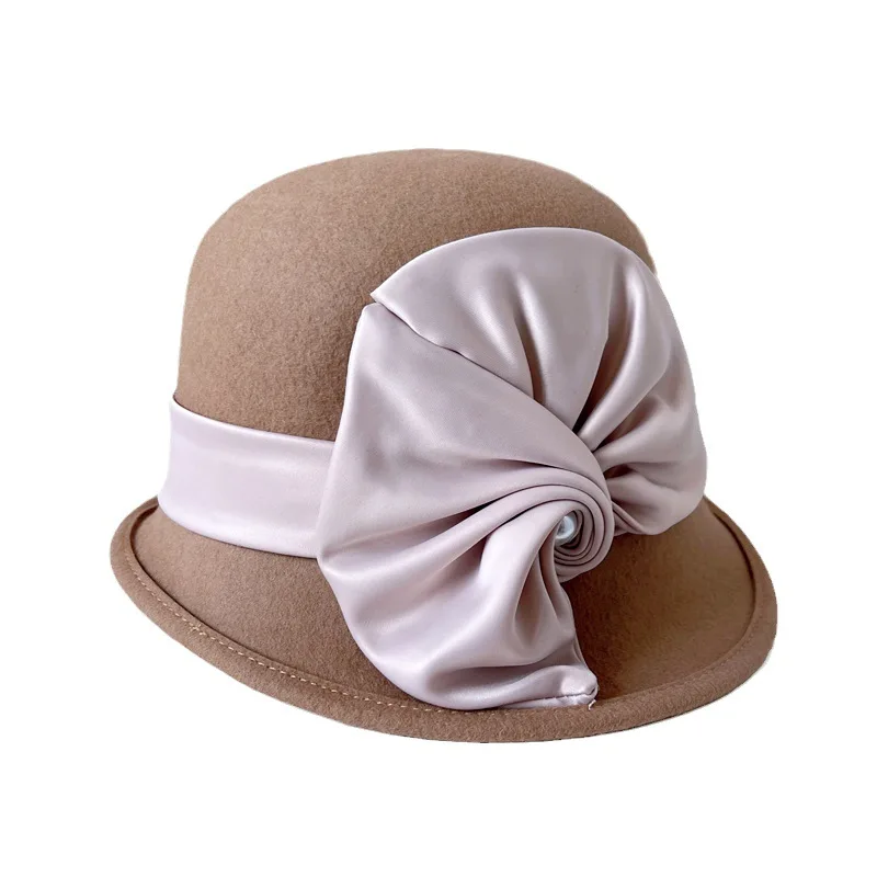 De lujo de raso de flores de Perlas Pescador sombrero de las Mujeres Hepburn bombín lana Australiana sombrero de fieltro con deformado borde de la cuenca del sombrero . ' - ' . 5
