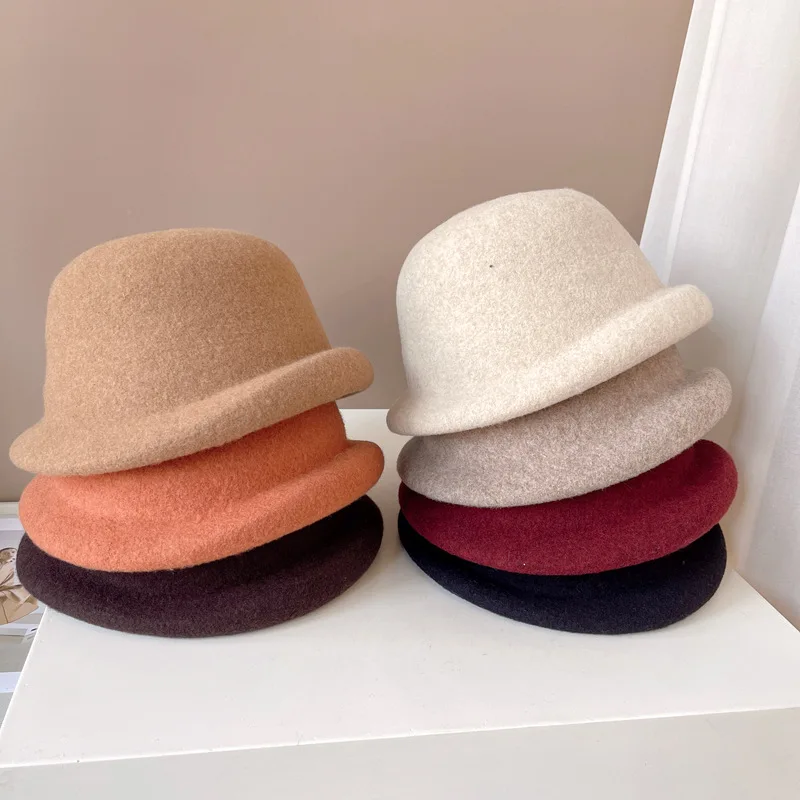 100% Lana Australiana Pescador sombrero para las mujeres de moda francesa simple laminado borde de la olla sombrero elegante, sólido de color todo-en-uno con sombrero de copa . ' - ' . 0