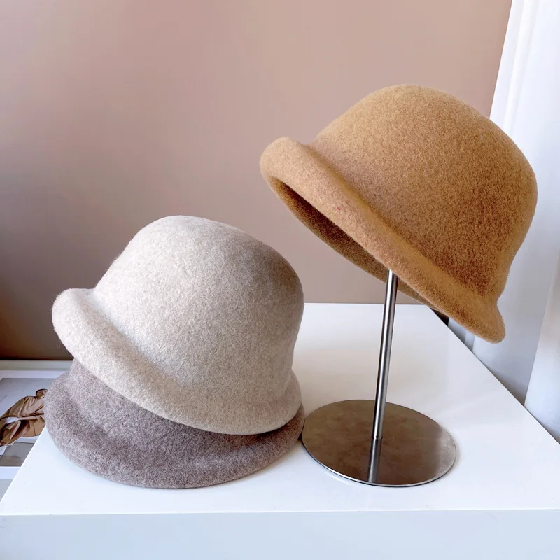 100% Lana Australiana Pescador sombrero para las mujeres de moda francesa simple laminado borde de la olla sombrero elegante, sólido de color todo-en-uno con sombrero de copa . ' - ' . 1