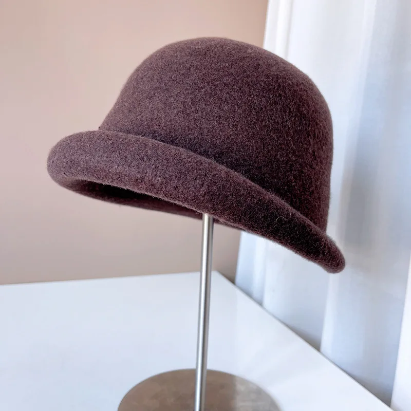 100% Lana Australiana Pescador sombrero para las mujeres de moda francesa simple laminado borde de la olla sombrero elegante, sólido de color todo-en-uno con sombrero de copa . ' - ' . 2