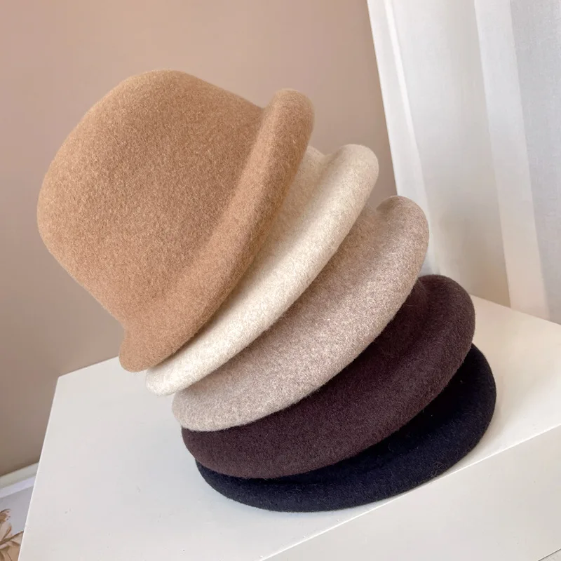 100% Lana Australiana Pescador sombrero para las mujeres de moda francesa simple laminado borde de la olla sombrero elegante, sólido de color todo-en-uno con sombrero de copa . ' - ' . 3