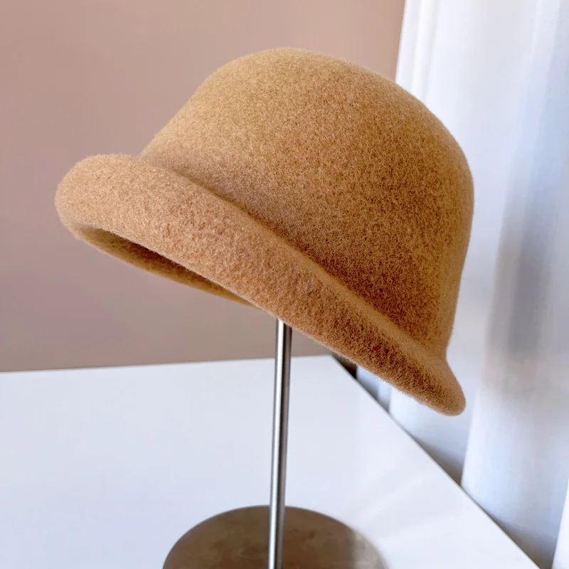 100% Lana Australiana Pescador sombrero para las mujeres de moda francesa simple laminado borde de la olla sombrero elegante, sólido de color todo-en-uno con sombrero de copa . ' - ' . 5