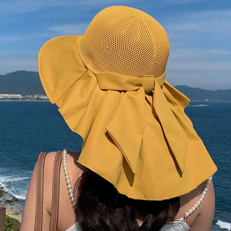 Verano de las Mujeres Sombrero de Cubo con Chal Transpirable Playa Sol Cap Grandes Bowknot de las Señoras de Ala Ancha de la Cara en el Cuello de la Protección de la Visera del Sombrero . ' - ' . 3