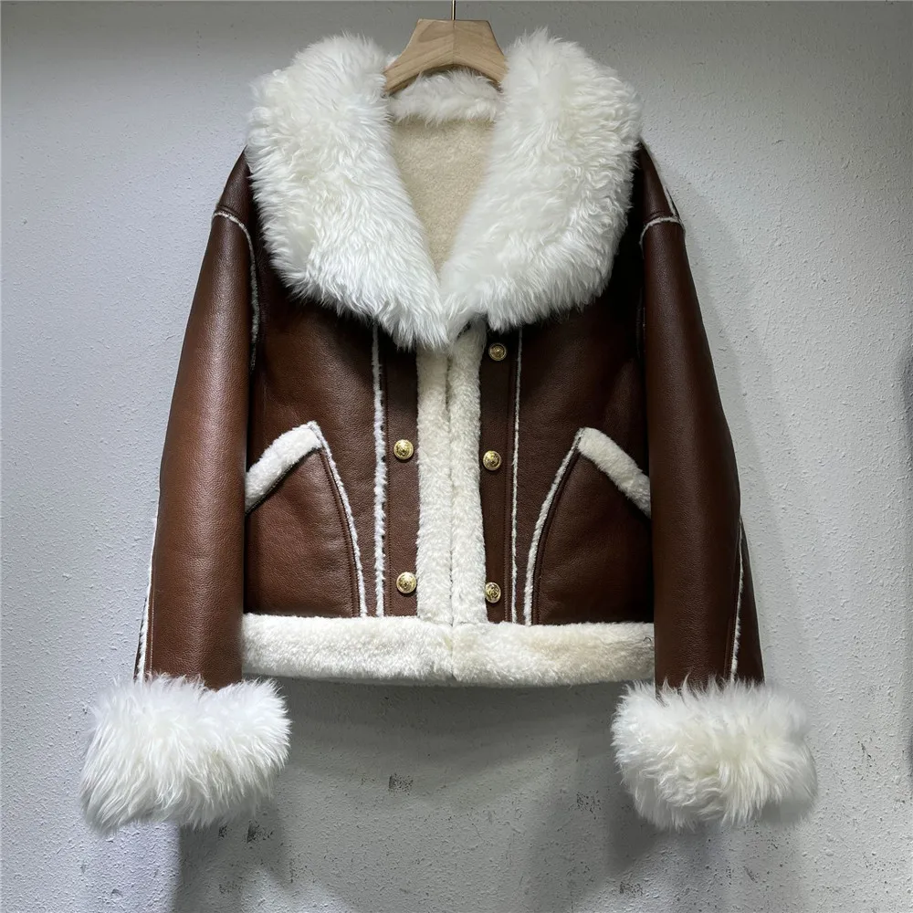 2023 Invierno Nuevo collar de Lana de doble cara abrigos de piel para mujer de la motocicleta chaqueta de cuero de la moda Femenina Suelta prenda de abrigo Y4397 . ' - ' . 4