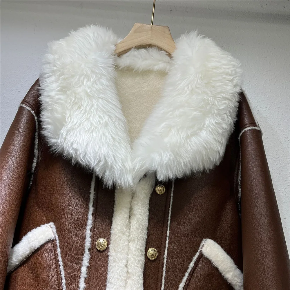 2023 Invierno Nuevo collar de Lana de doble cara abrigos de piel para mujer de la motocicleta chaqueta de cuero de la moda Femenina Suelta prenda de abrigo Y4397 . ' - ' . 5
