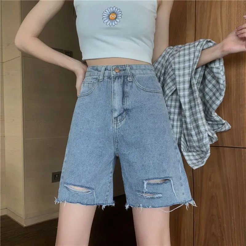 Pantalones cortos de las Mujeres del Dril de algodón de la Moda de S-5XL Nuevo Ocio Recta Simple de Todos los Sólidos partido de Cintura Alta de Licitación Elegante Estudiante Agujero Estilo coreano . ' - ' . 1