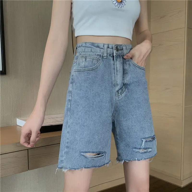 Pantalones cortos de las Mujeres del Dril de algodón de la Moda de S-5XL Nuevo Ocio Recta Simple de Todos los Sólidos partido de Cintura Alta de Licitación Elegante Estudiante Agujero Estilo coreano . ' - ' . 2