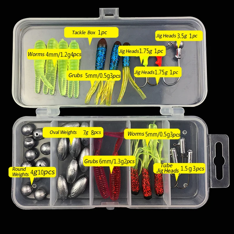 37pcs Suave Señuelos de Pesca Jig Heads Kit de Bajo Lucio Trucha Cebo Artificial de Silicona Gurb Gusanos de la Cabeza de Plantilla Gancho Plomos Tackle Box Set . ' - ' . 3