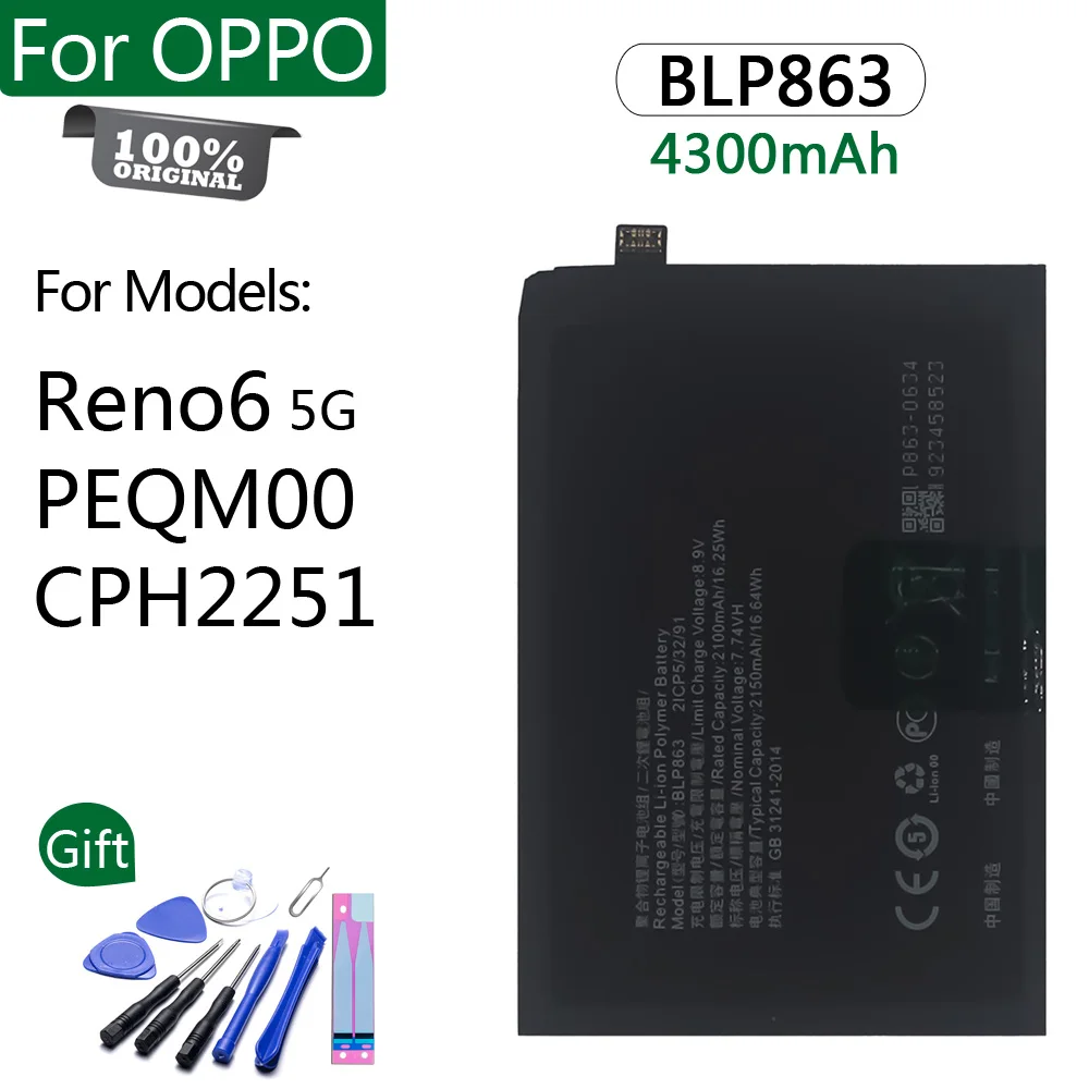 100% Original de la Batería BLP863 Para OPPO Reno6 5G PEQM00 CPH2251 4300mAh Reemplazo de Alta calidad Batterie . ' - ' . 0
