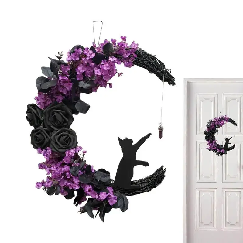 En Forma De Luna Puerta Coronas Gato Negro De La Pared Decoración De Guirnalda De Halloween Otoño De Simulación De Púrpura Corona De Flores De La Decoración De Accesorios . ' - ' . 1