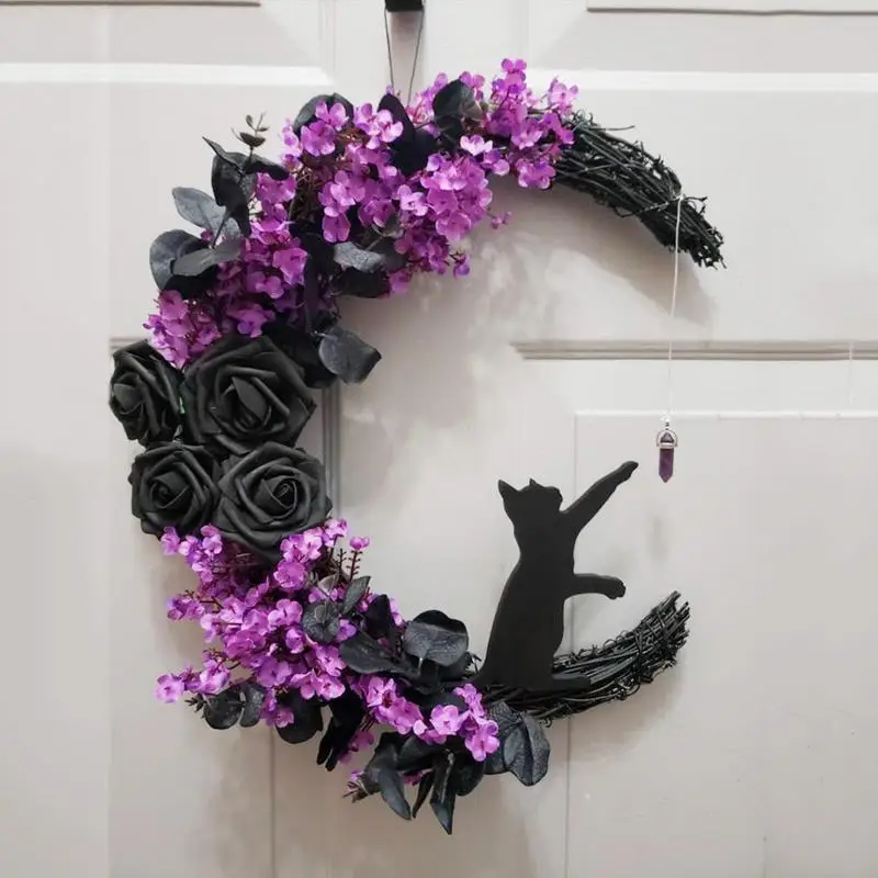En Forma De Luna Puerta Coronas Gato Negro De La Pared Decoración De Guirnalda De Halloween Otoño De Simulación De Púrpura Corona De Flores De La Decoración De Accesorios . ' - ' . 3