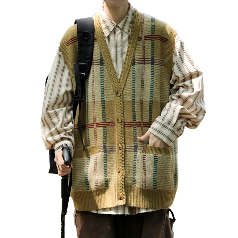 Otoño de Cuadros Cardigan Suéter Chaleco de los Hombres de la Causal Suelta de tejidos de Punto Chalecos de Estilo Japonés Chaleco Suéteres de Ropa Masculina . ' - ' . 4
