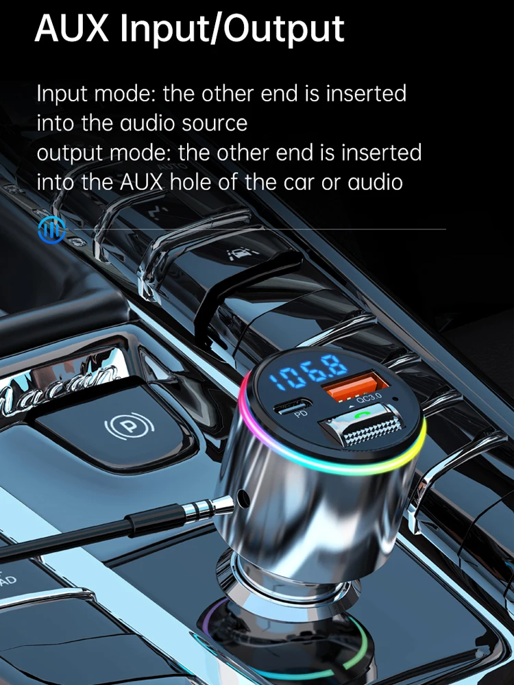 Nuevo Bluetooth 5.3 Transmisor de FM manos libres de Coche Reproductor de MP3 Estéreo del Coche Modulador de FM PD30W Carga Rápida QC3.0 AUX Jugador de Luz RGB . ' - ' . 2