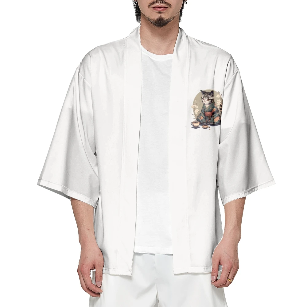 Hombre Japonés Gato Blanco De Impresión Cardigan Haori Yukata Mujeres Kimono Samurai Harajuku Ropa De La Ropa De La Chaqueta De Obi . ' - ' . 1