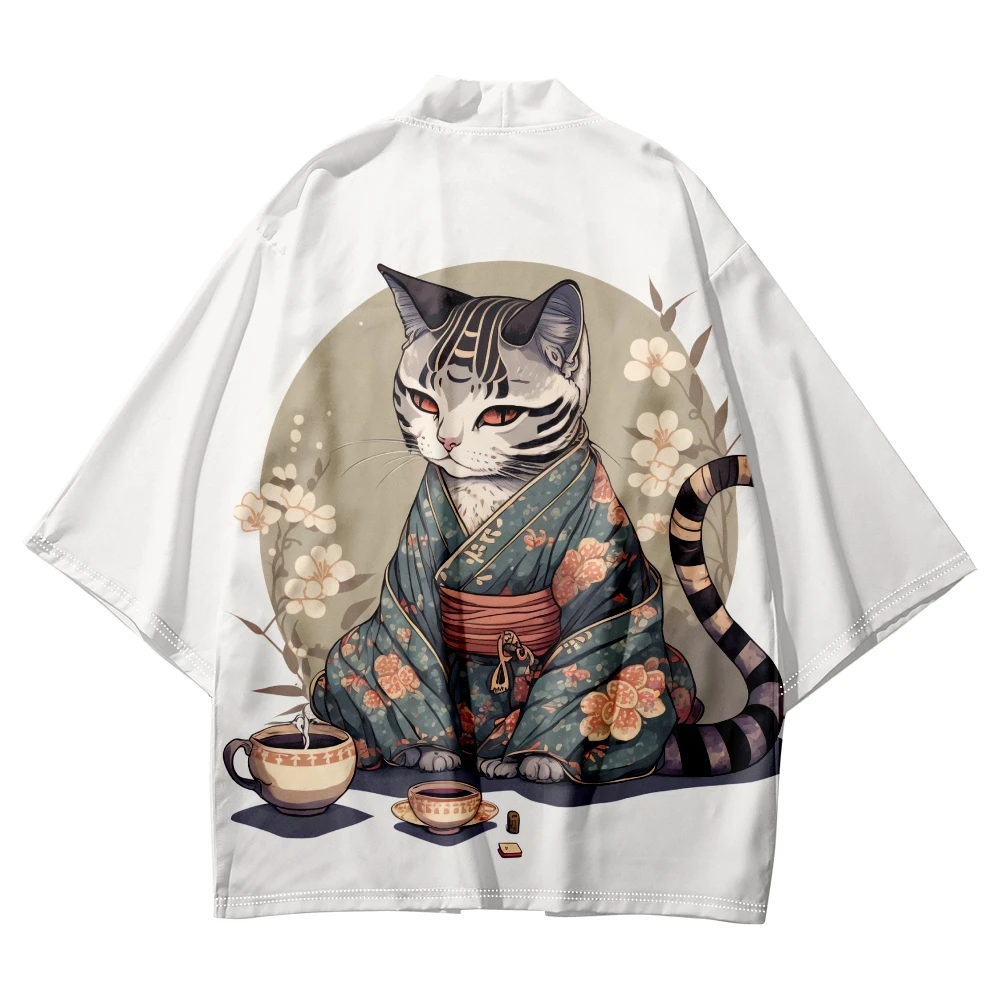 Hombre Japonés Gato Blanco De Impresión Cardigan Haori Yukata Mujeres Kimono Samurai Harajuku Ropa De La Ropa De La Chaqueta De Obi . ' - ' . 2