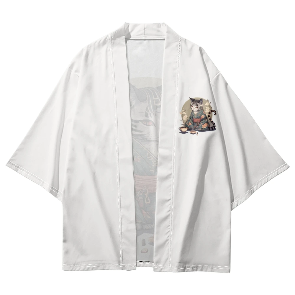 Hombre Japonés Gato Blanco De Impresión Cardigan Haori Yukata Mujeres Kimono Samurai Harajuku Ropa De La Ropa De La Chaqueta De Obi . ' - ' . 3